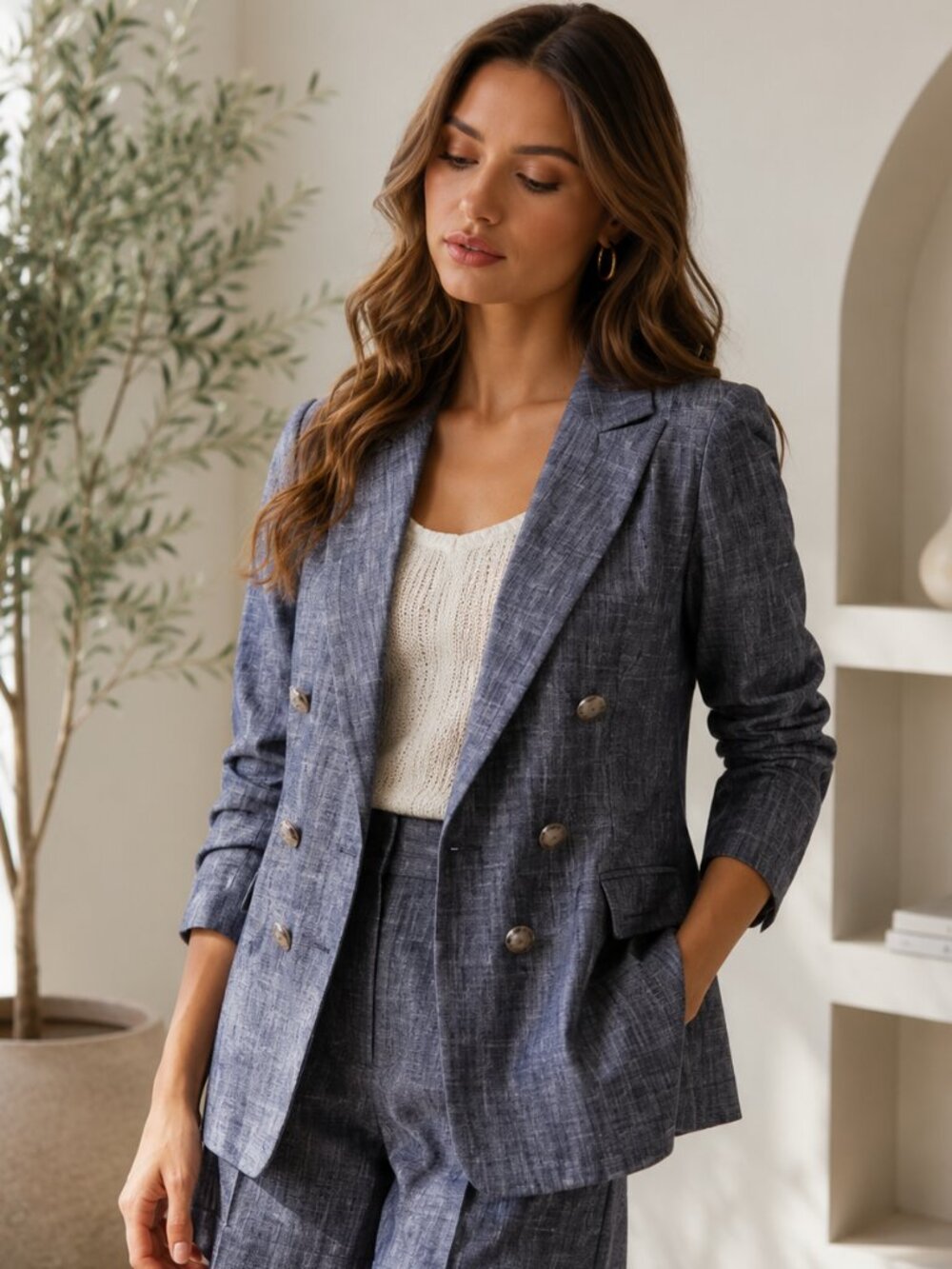 Blue Linen Blend Double-Breasted Blazer with Gold Buttons
